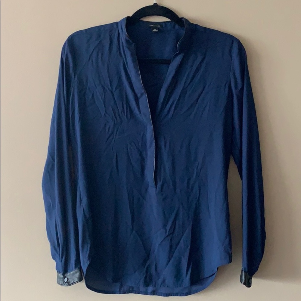 Ann Taylor Navy Leather Trim Blouse